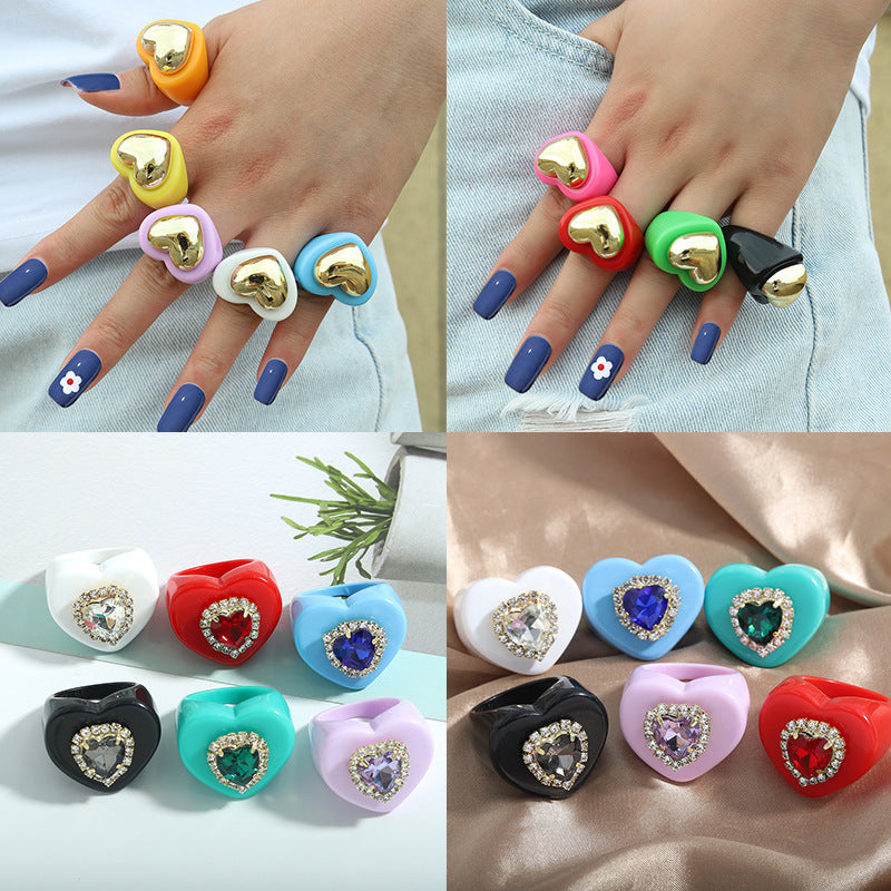 Colorful Resin Heart Diamond Ring - Simple Style Jewelry