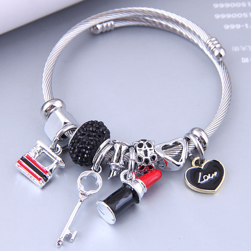 Simple Heart Lock & Acrylic Flower Pendant Necklace Bracelet Set