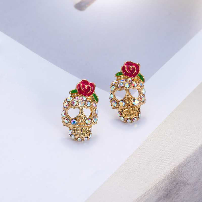 Novelty Alloy Skull and Rose Rhinestone Stud Earrings Set