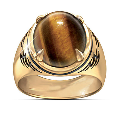 Plated 24K Gold Natural Real Tiger's Eye Ring Etched Tribal Tattoo Style Men's Ring
