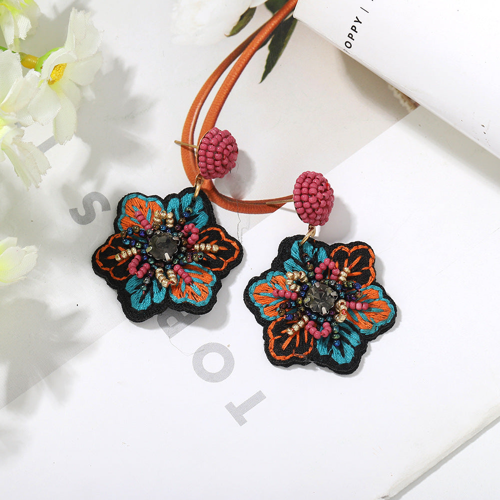 Popular Embroidery Fabric Handmade Rice Bead Earrings Retro Flowers Creative Star Wild Catwalk Earrings