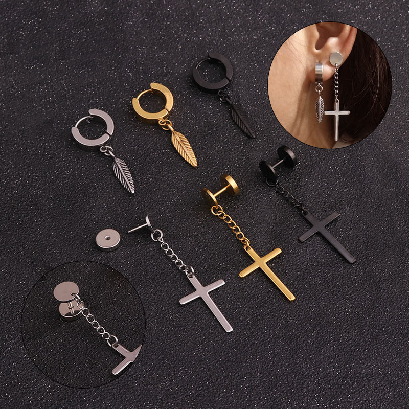 Popular Stainless Steel Cross Ear Buckle Casting Feather Earrings