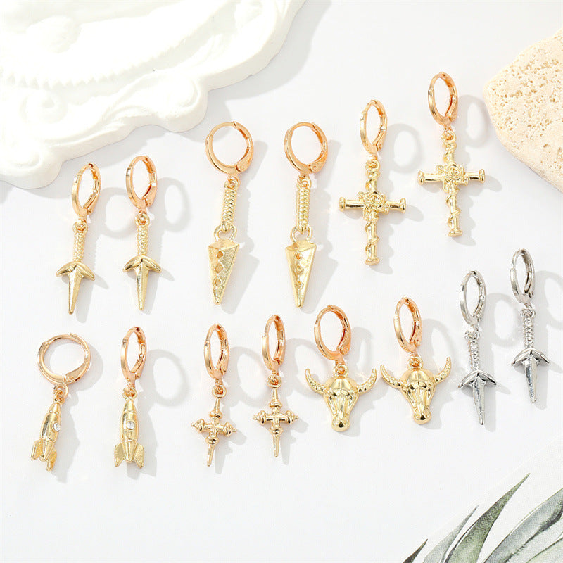 Punk Alloy Rose Cross Bull Head Rocket Earrings