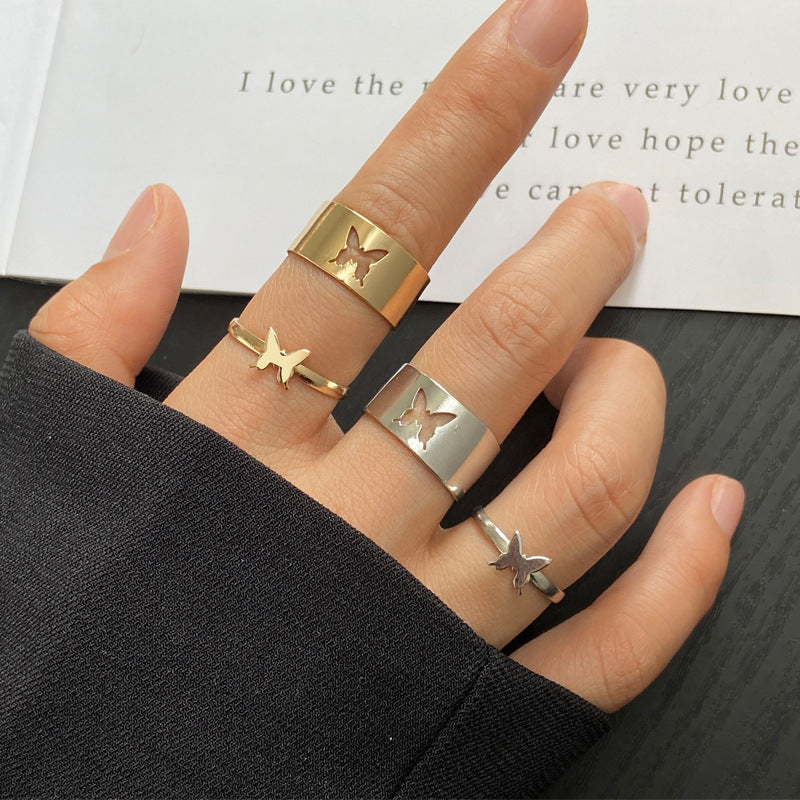 Punk Geometric Butterfly Couple Ring Set