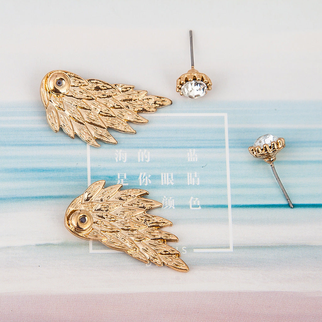 Retro Angel Wings Feather Alloy Earrings with Diamond Accents