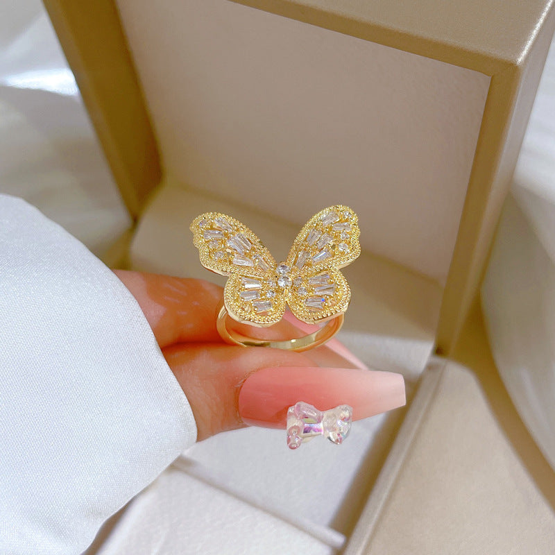 Retro Adjustable Butterfly Zircon Brass Ring Set