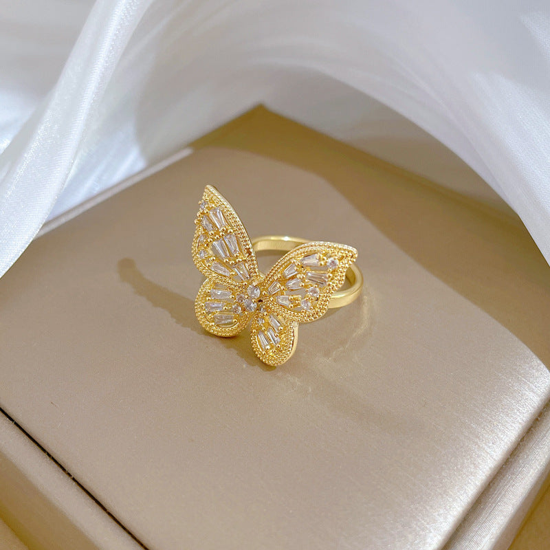 Retro Adjustable Butterfly Zircon Brass Ring Set