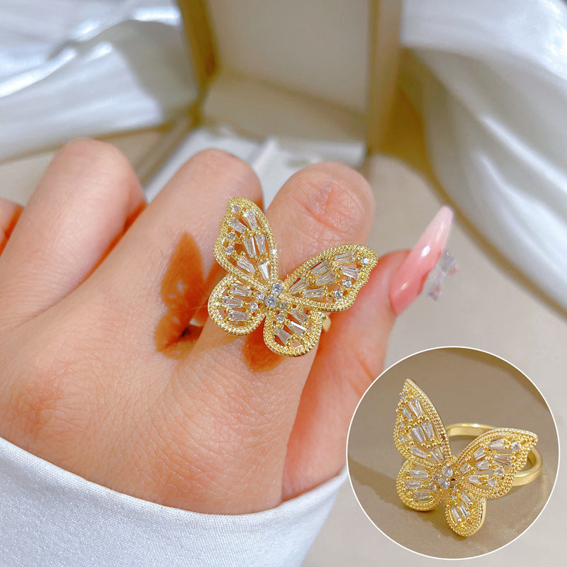 Retro Adjustable Butterfly Zircon Brass Ring Set