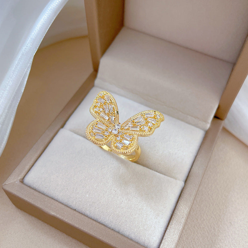 Retro Adjustable Butterfly Zircon Brass Ring Set