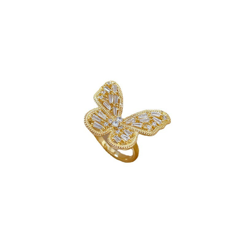 Retro Adjustable Butterfly Zircon Brass Ring Set