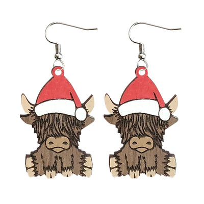 Retro Christmas Cattle Wood Print Women's Earrings