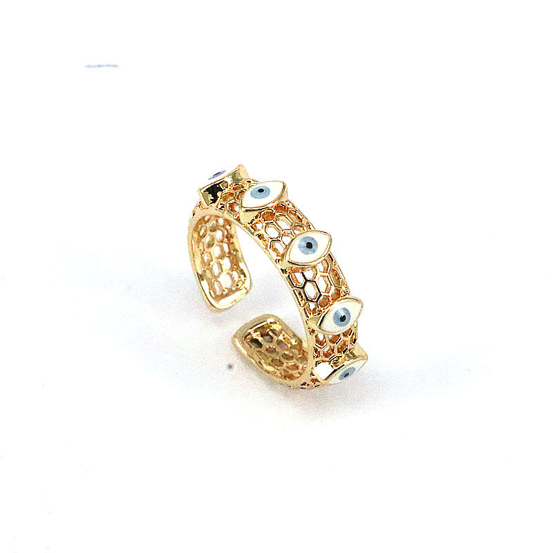 Retro Geometric Evil Eye Gold Plated Open Ring