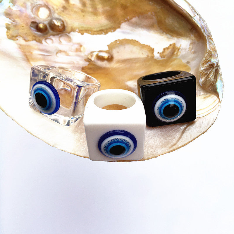 Retro Blue Eye Glitter Resin Square Ring