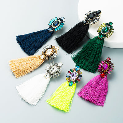Retro Diamond-studded Long Color Tassel Earrings