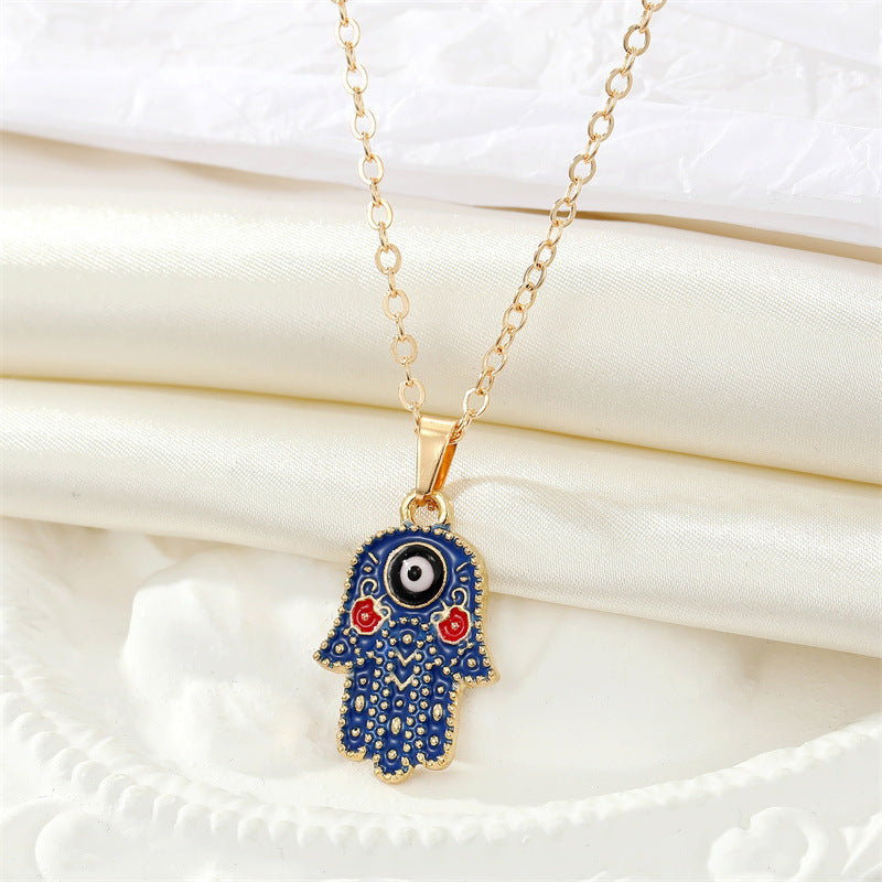 Retro Ethnic Color Drop Oil Turkish Devil Eye Palm Pendant Metal Necklace