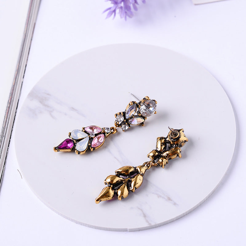 Retro Flower Alloy Inlay Crystal Women'S Drop Earrings