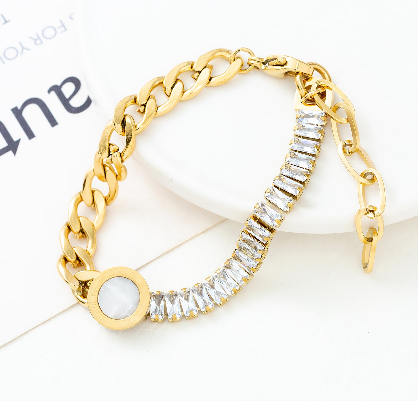 Retro Geometric Stainless Steel Gold Plated Bracelet with Artificial Pearls, Shell, and Zircon Accents