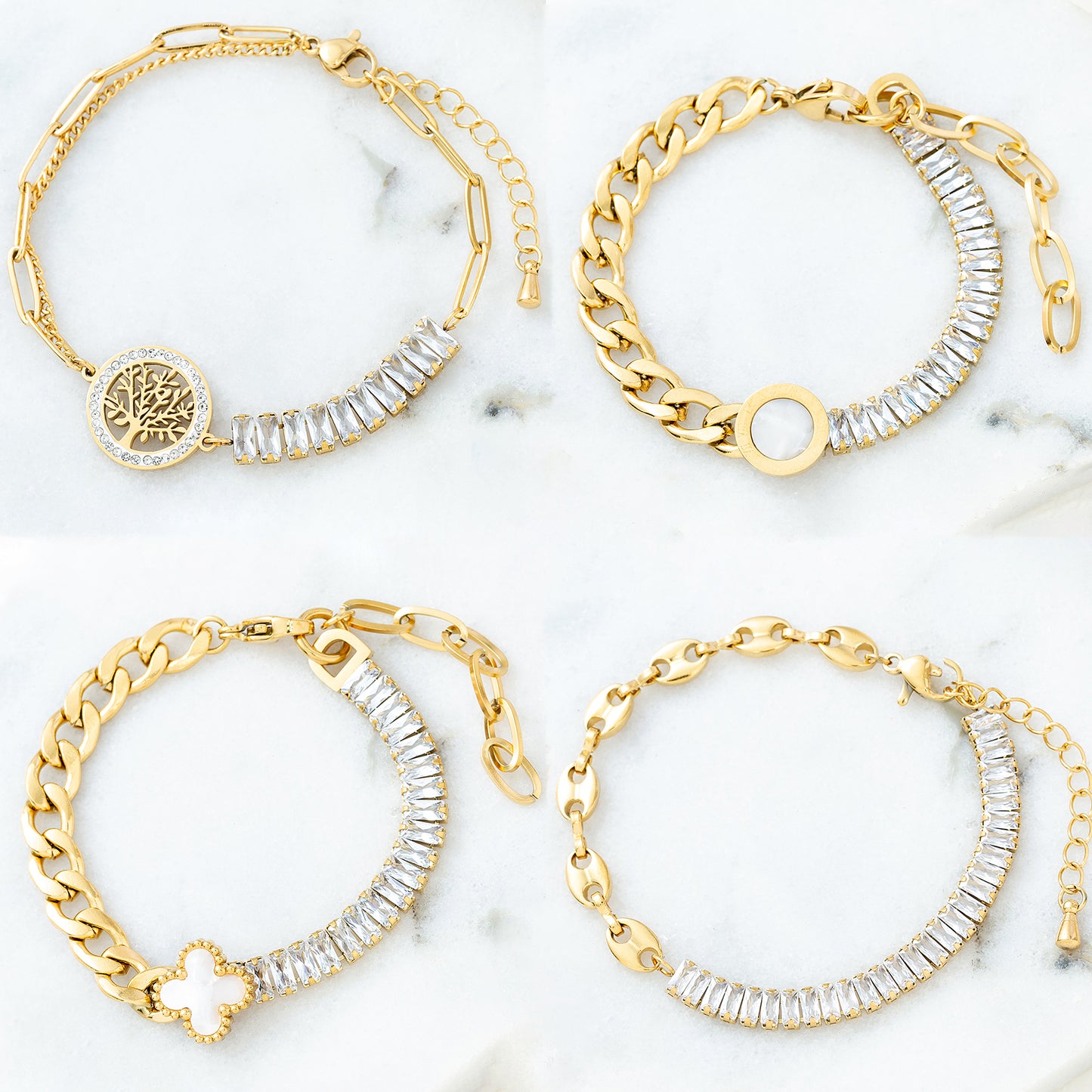 Retro Geometric Stainless Steel Gold Plated Bracelet with Artificial Pearls, Shell, and Zircon Accents