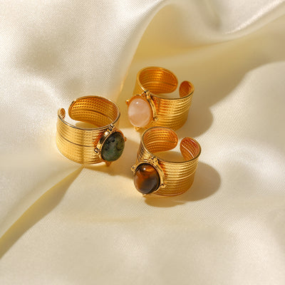 Retro Geometric 18k Gold Plated Stainless Steel Adjustable Tiger Eye Ring