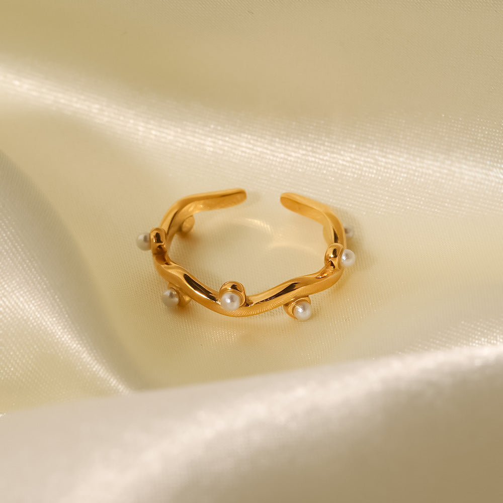 Retro Geometric 18k Gold Plated Stainless Steel Open Ring with White Pearl