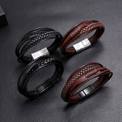 Retro Hand-woven Men's Leather Simple Multilayer Alloy Magnet Buckle Leather Bracelet