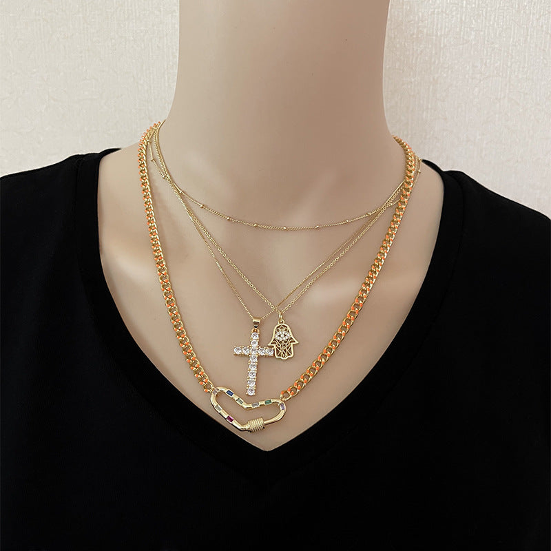 Retro Heart Cross Stainless Steel Gold-plated Zircon Necklace