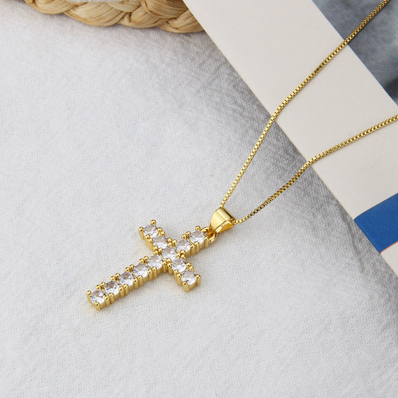 Retro Heart Cross Stainless Steel Gold-plated Zircon Necklace