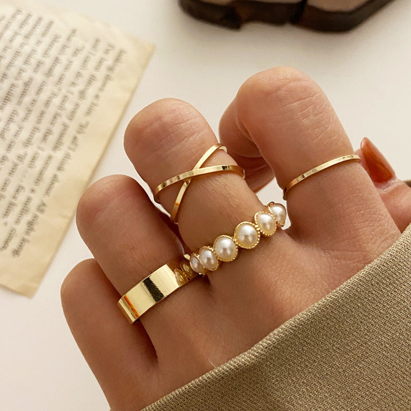 Retro Pearl Inlaid Ring Set - Four Piece Vintage Design