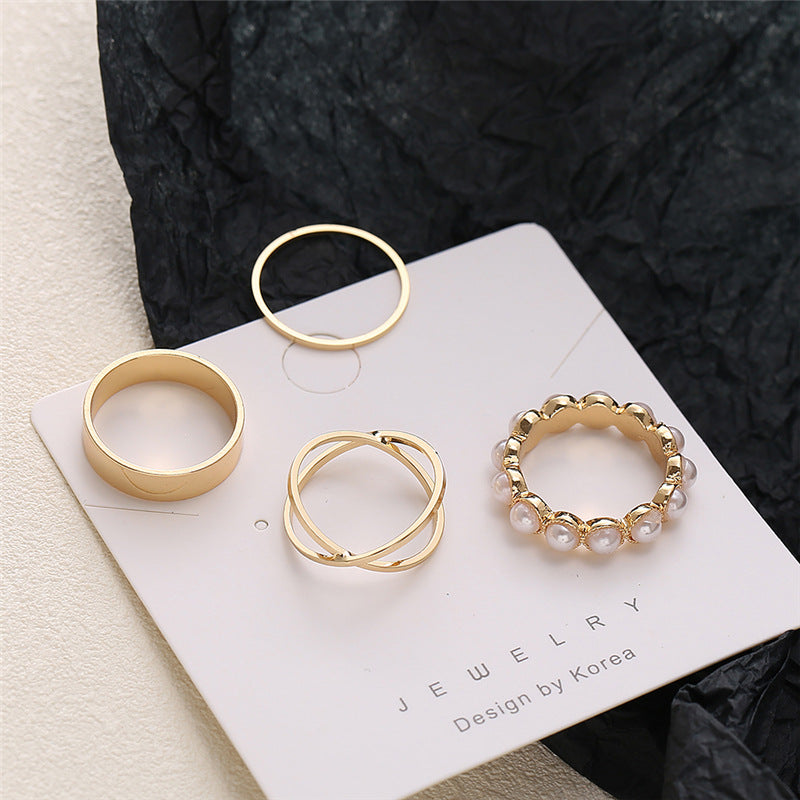 Retro Pearl Inlaid Ring Set - Four Piece Vintage Design