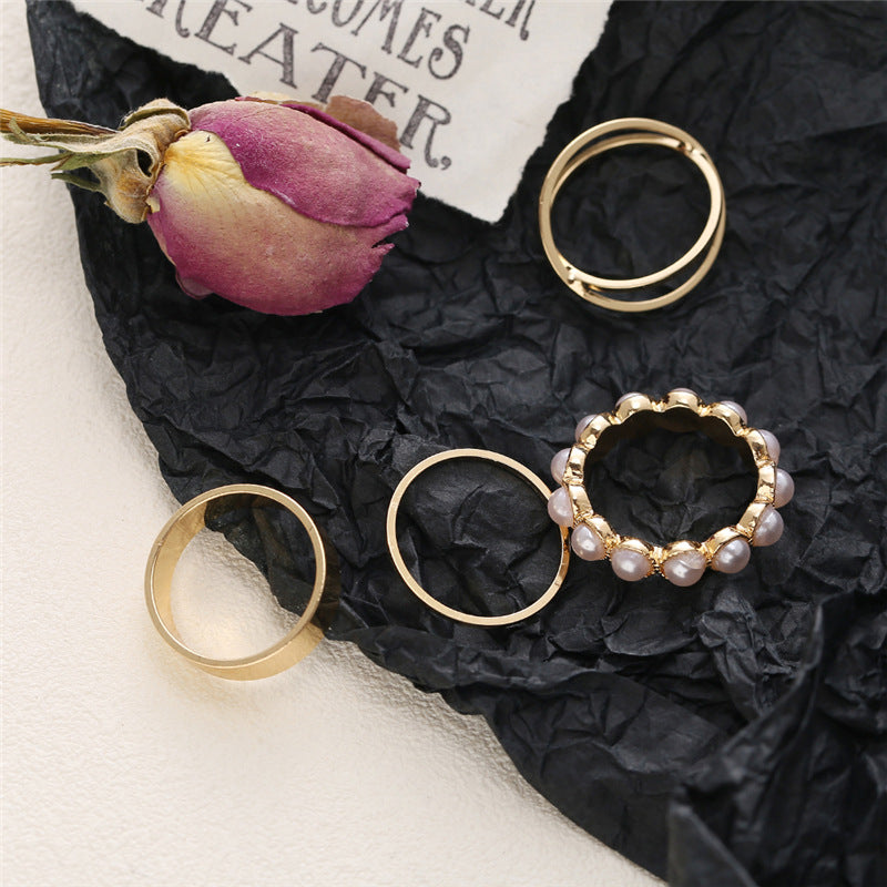 Retro Pearl Inlaid Ring Set - Four Piece Vintage Design