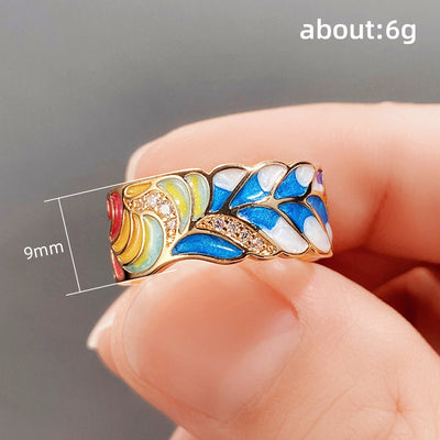 Retro Copper Enamel Zircon Punk Ring with Porcelain Pattern