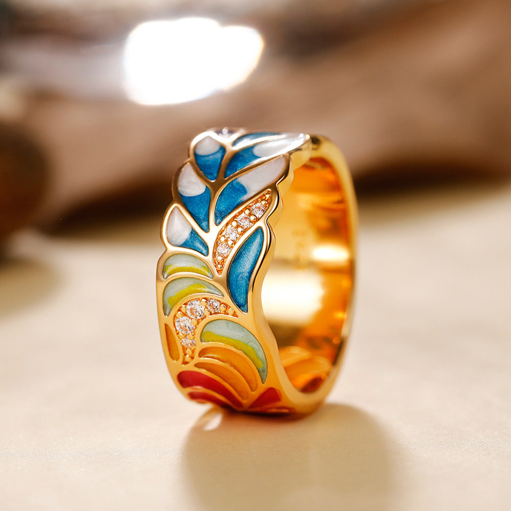 Retro Copper Enamel Zircon Punk Ring with Porcelain Pattern