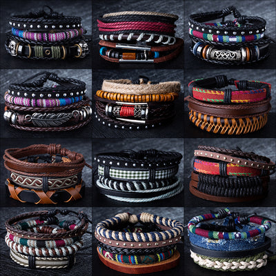 Retro Leather Multi-layer Braided Beaded Bracelet Five-piece Set