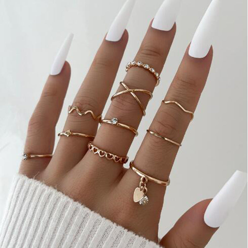 Retro Geometric Heart & Leaf Pearl Alloy Women's Ring Set