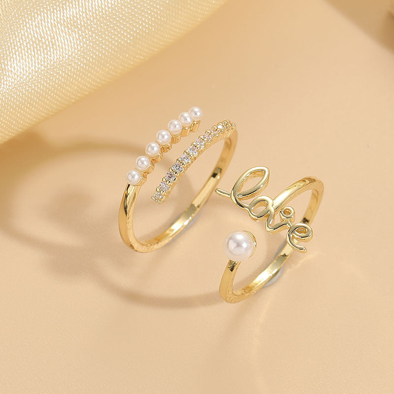 Retro Love Zircon Pearl 14K Gold Plated Copper Open Ring