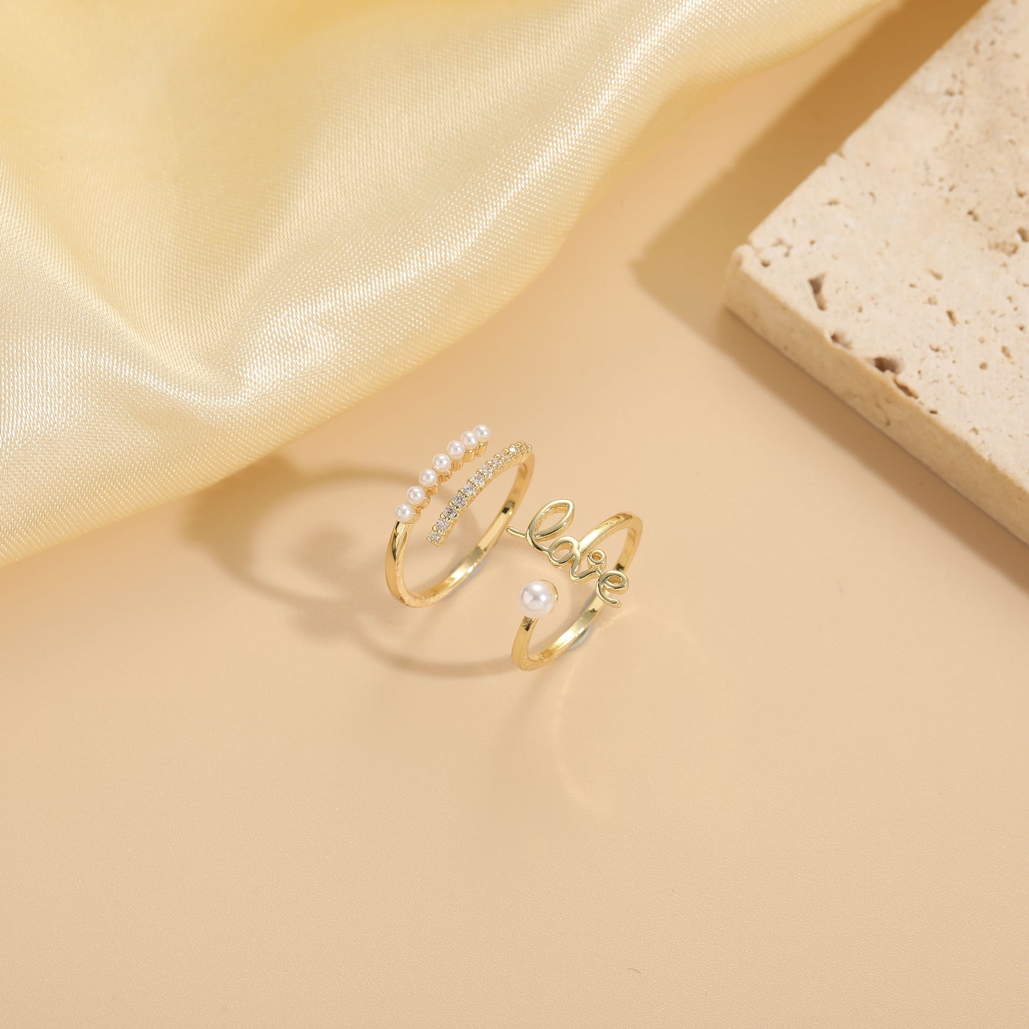 Retro Love Zircon Pearl 14K Gold Plated Copper Open Ring