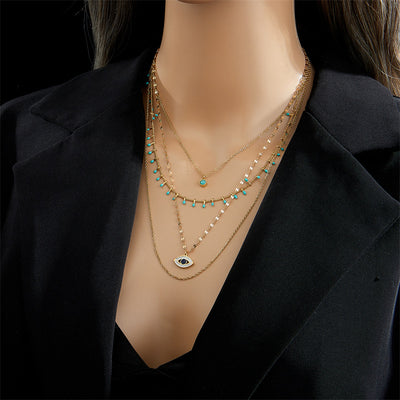 Retro Modern Style Eye Titanium Steel Plating Hollow Out Inlay Turquoise Zircon 18K Gold Plated Layered Necklaces