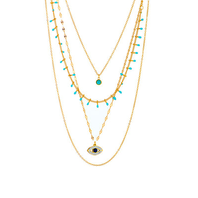 Retro Modern Style Eye Titanium Steel Plating Hollow Out Inlay Turquoise Zircon 18K Gold Plated Layered Necklaces