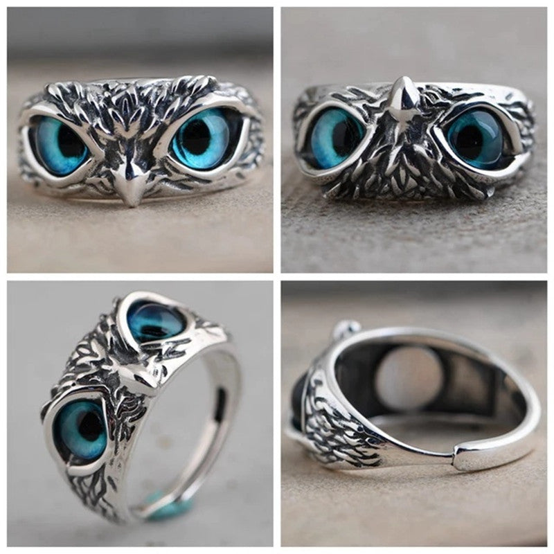 Retro Blue-Eyed Owl Adjustable Unisex Ring