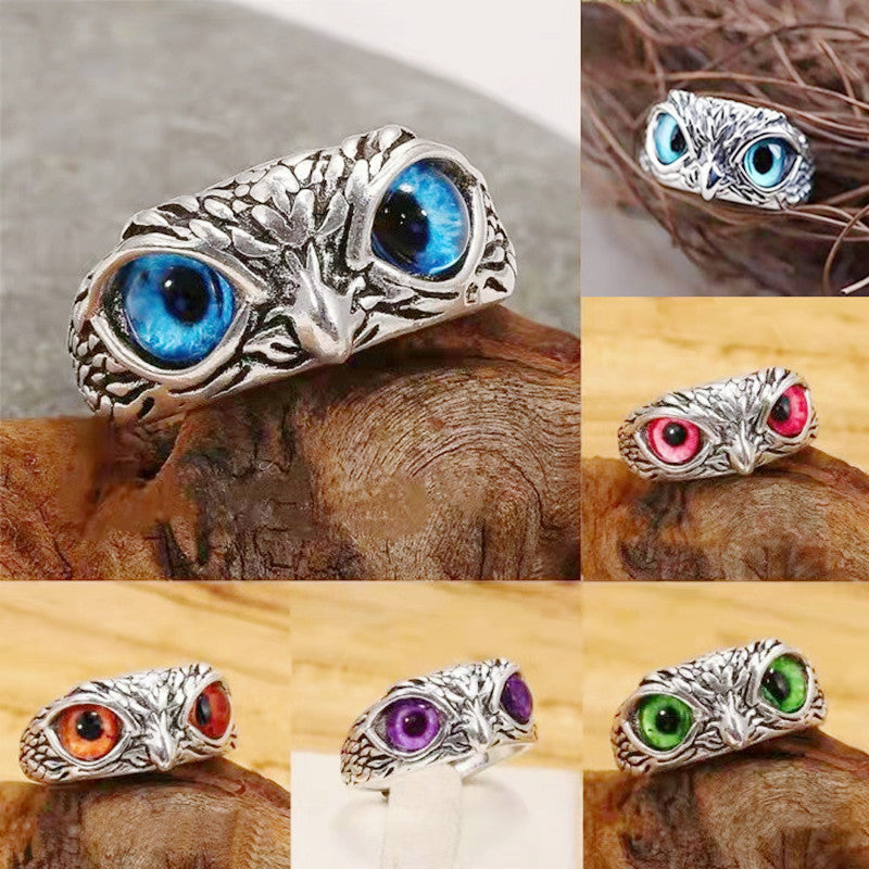 Retro Blue-Eyed Owl Adjustable Unisex Ring