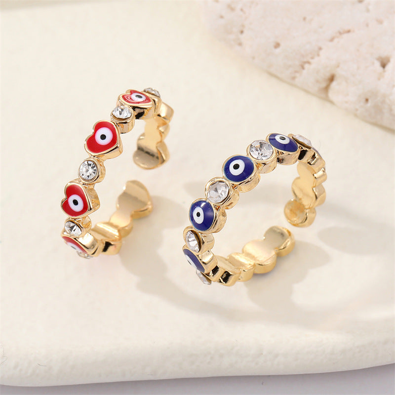 Retro Rhinestone Peach Heart Evil Eye Zircon Alloy Open Ring for Women