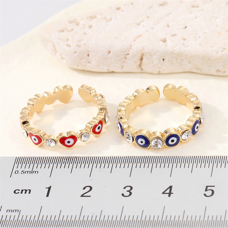 Retro Rhinestone Peach Heart Evil Eye Zircon Alloy Open Ring for Women