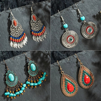 Retro Round Hollow Carved Tassel Alloy Earrings