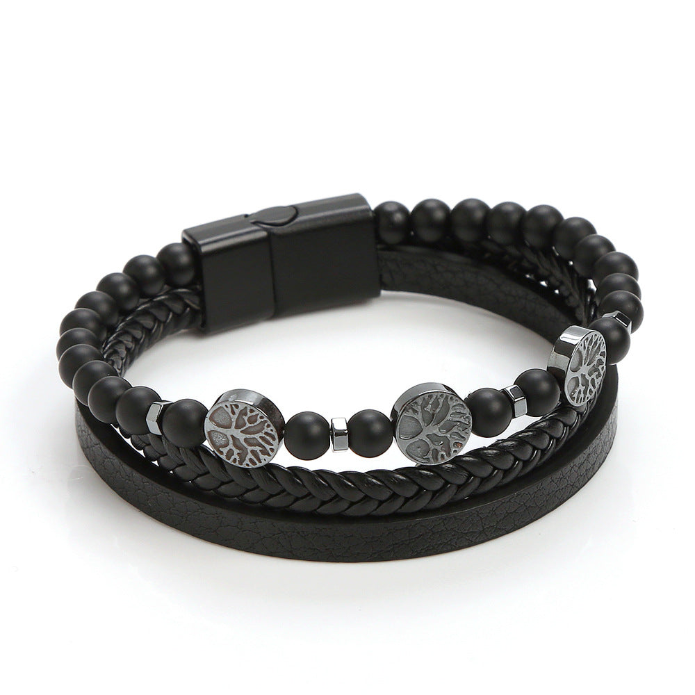 Retro Round Stainless Steel Natural Stone Volcanic Rock Magnet Beaded Men'S Bracelets 1 Piece