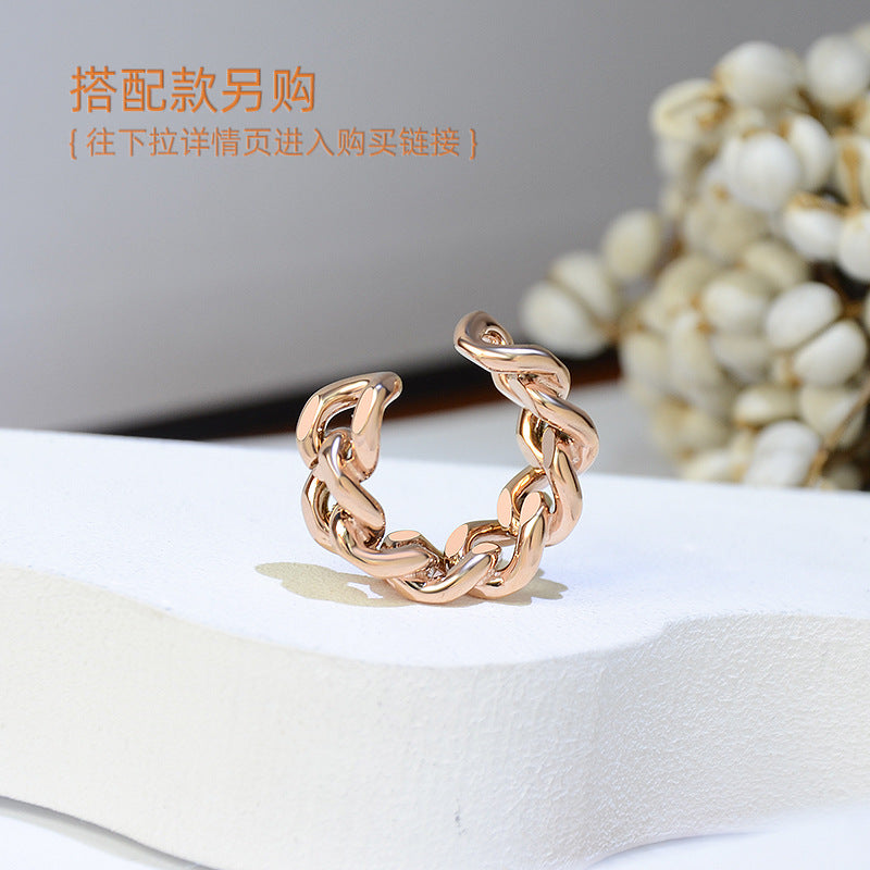 Retro Minimalist Hollow Twist Open Titanium Steel Ring with Chain Design, 18K Gold Plated