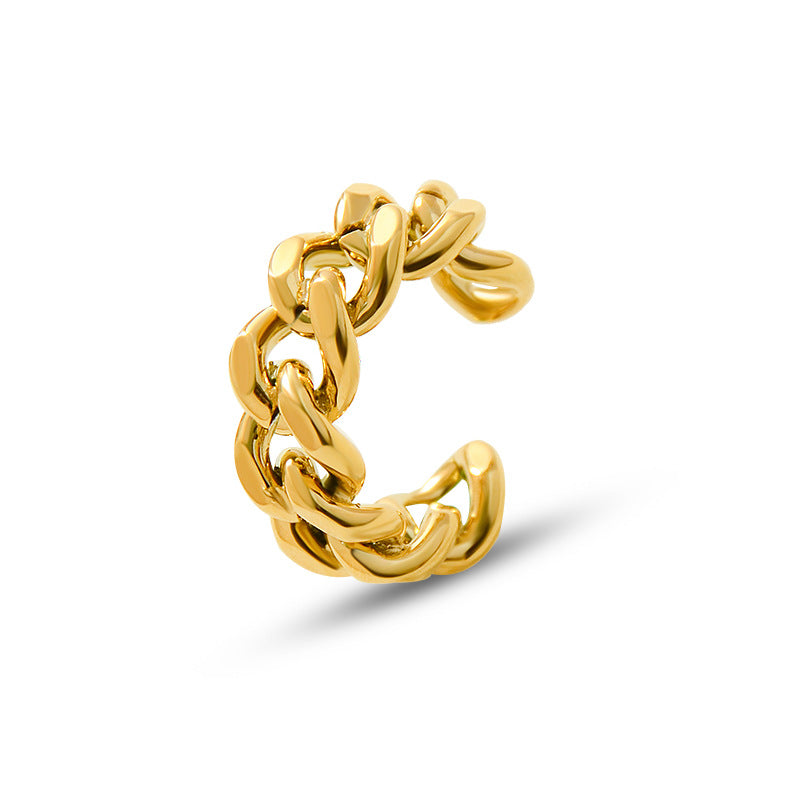 Retro Minimalist Hollow Twist Open Titanium Steel Ring with Chain Design, 18K Gold Plated