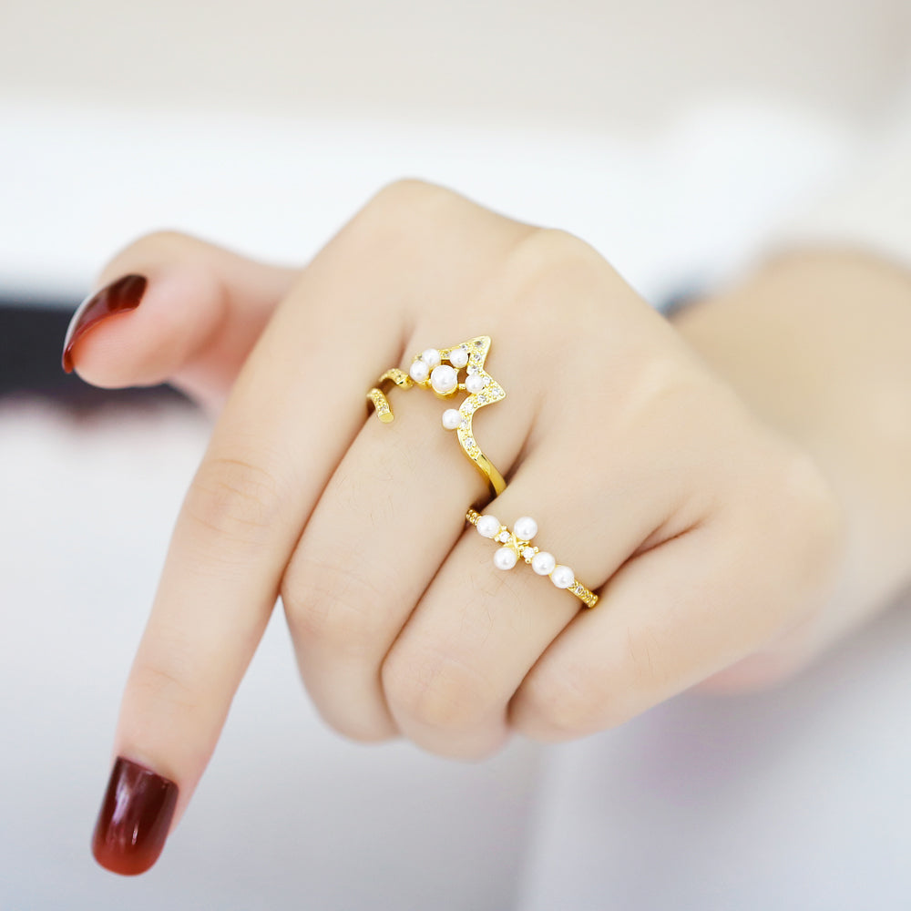 Retro Geometric Pentagram Cross Pearl Zircon 18K Gold Plated Open Ring