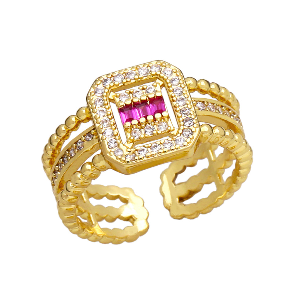 Retro Square Zircon 18K Gold Plated Adjustable Open Ring