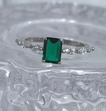 Retro Square Sterling Silver Emerald Gemstone Adjustable Ring