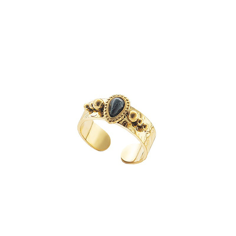 Retro Adjustable Black Turquoise Gold-Plated Stainless Steel Ring